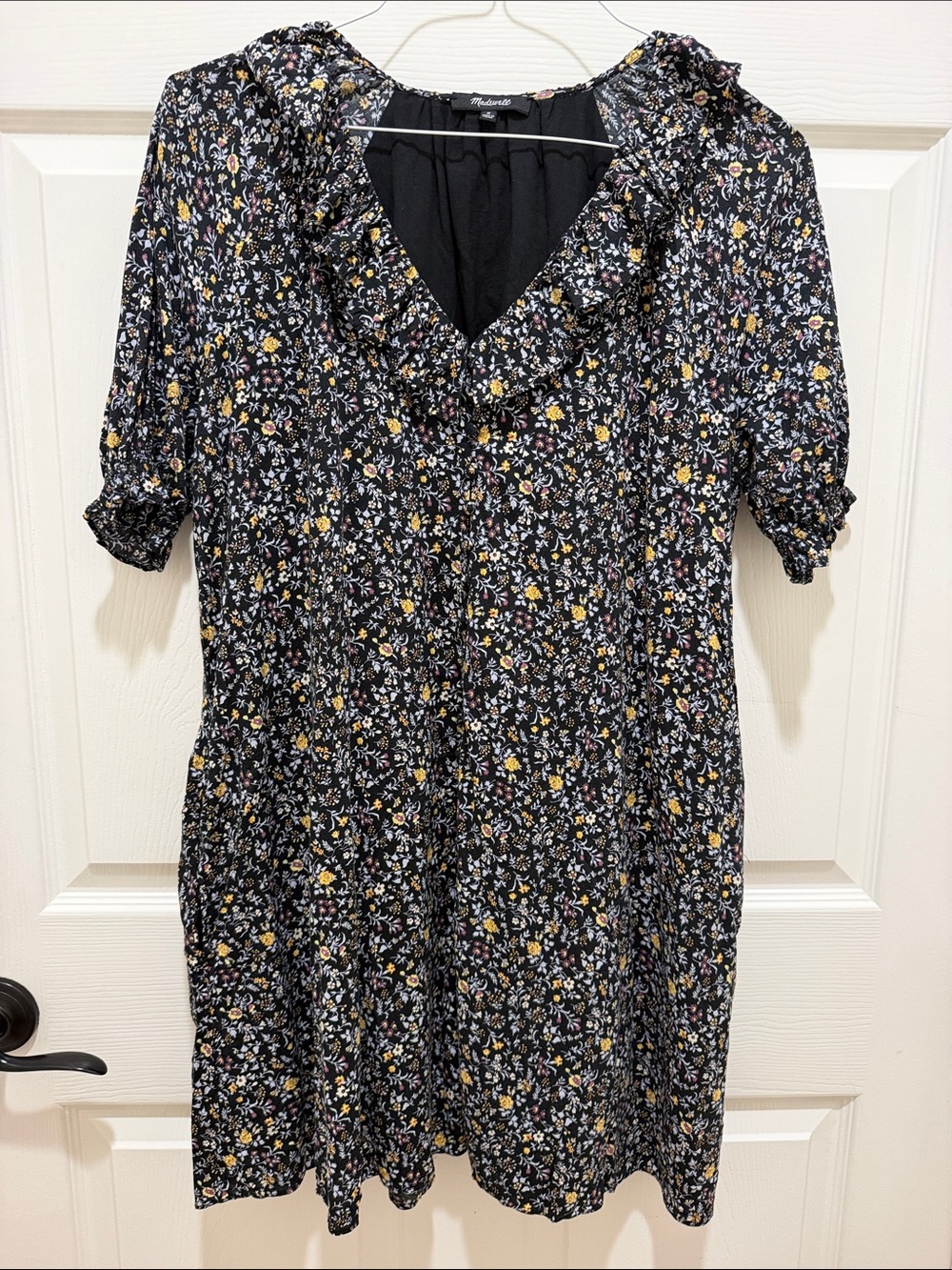 Madewell Floral Ruffle Neck Short Sleeve Dress Black Multicolor Medium Mini